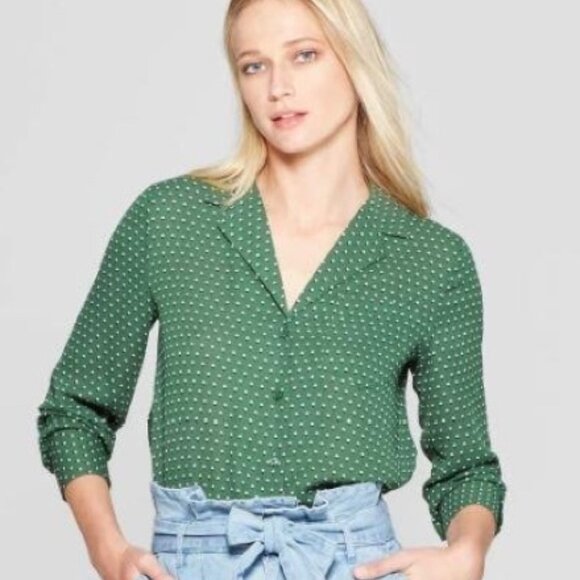 WHO WHAT WEAR Green Polka-Dot Button-Down Lightweight Blouse XXL - Picture 1 of 10